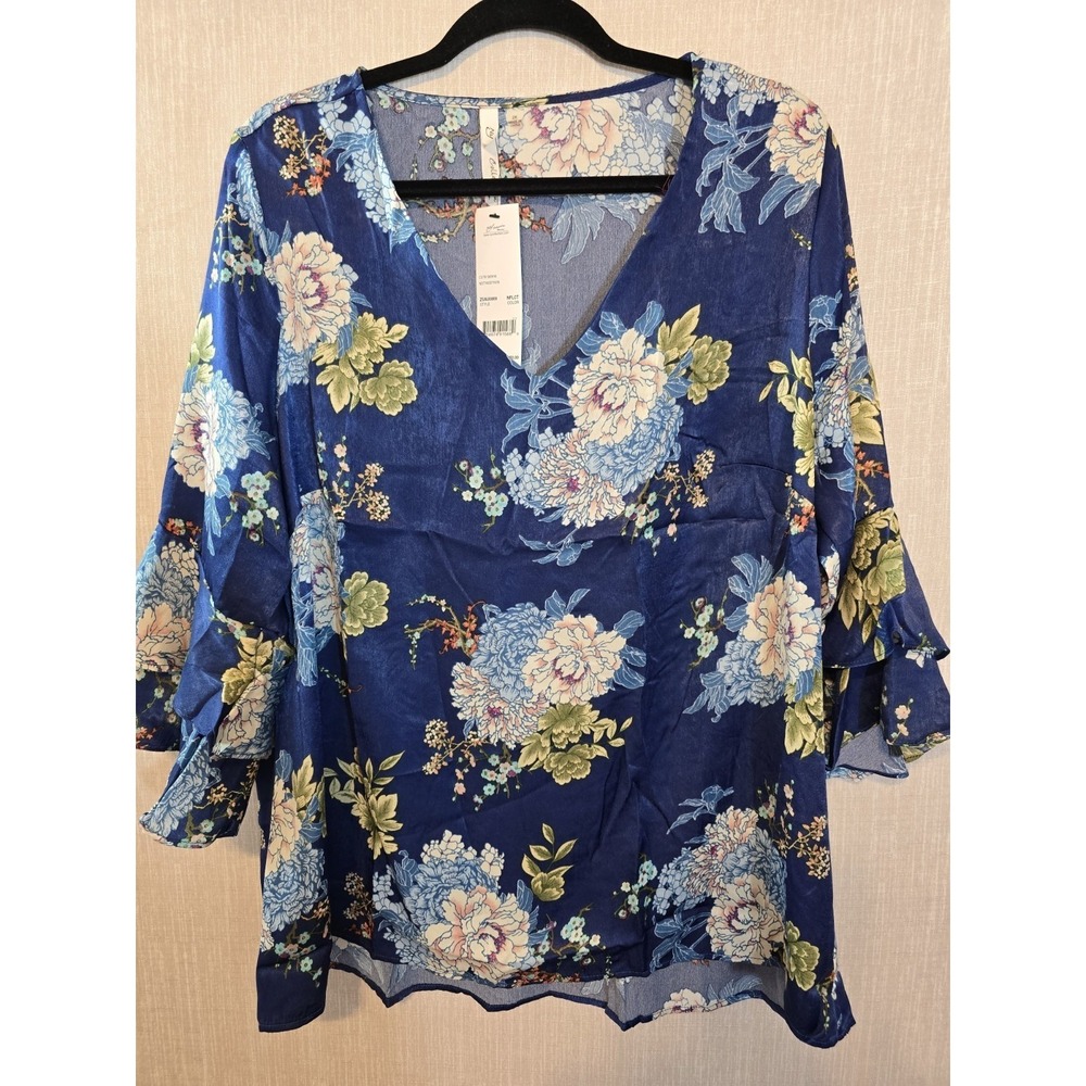 New York Collection Womens blouse floral print ruffle bell sleeve size 2X New